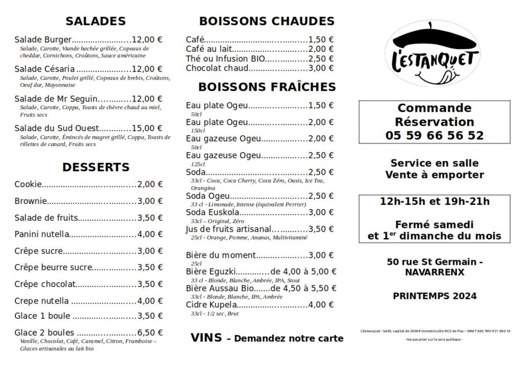 Le Menu La Carte L Estanquet